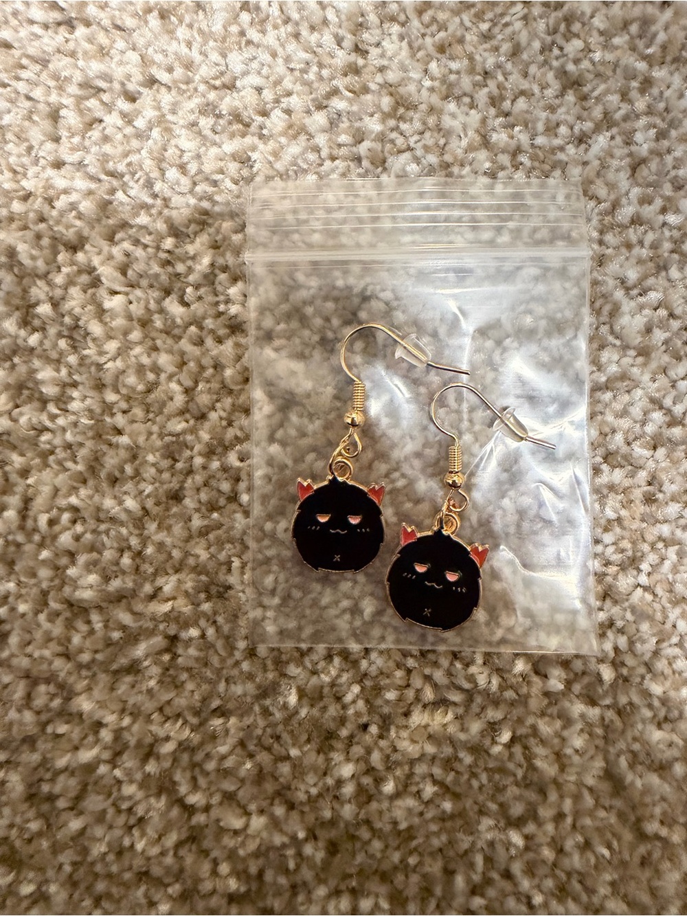Gold-Tone Black Cat Drop Earrings with Red Accents